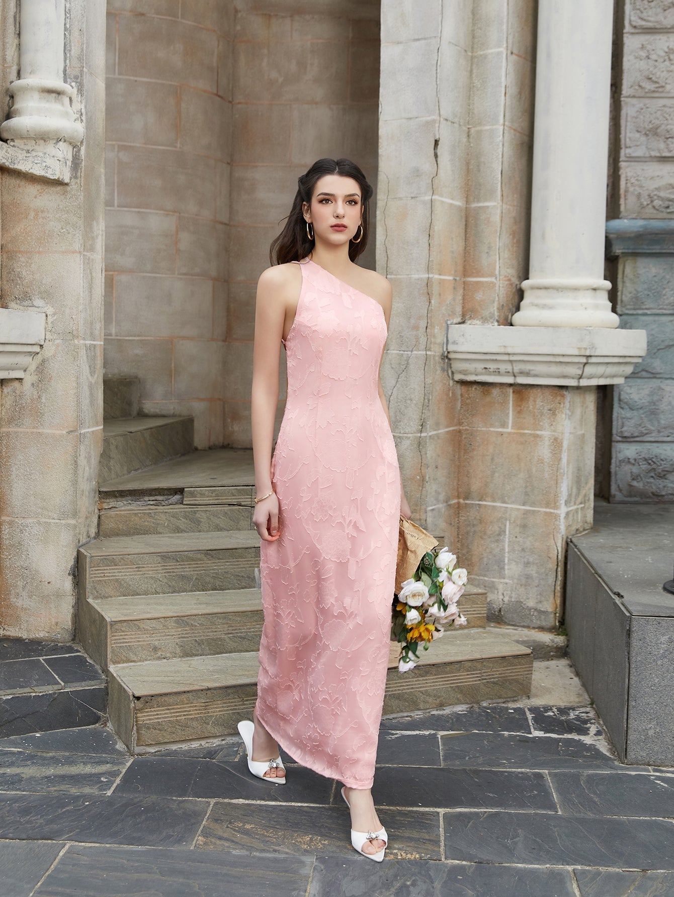 tie back backless one shoulder jacquard long dress#color_pink