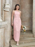 one shoulder tie back backless jacquard long dress#color_pink