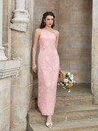 one shoulder tie back backless jacquard long dress#color_pink
