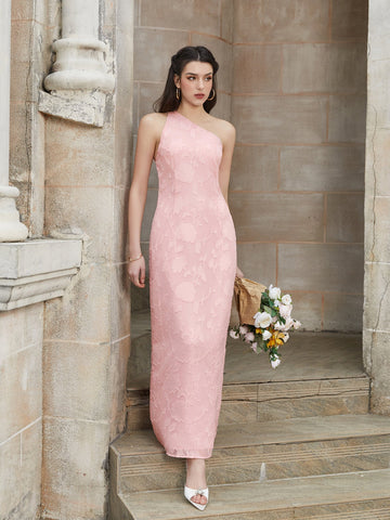 one shoulder tie back backless jacquard long dress#color_pink
