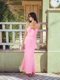tie back ruched one shoulder mermaid hem dress#color_pink