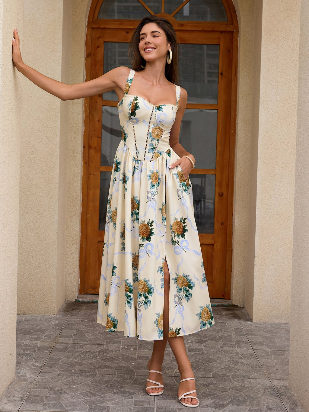 openwork split thigh pocket floral print dress#color_yellowflower