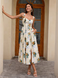 openwork split thigh pocket floral print dress#color_yellowflower
