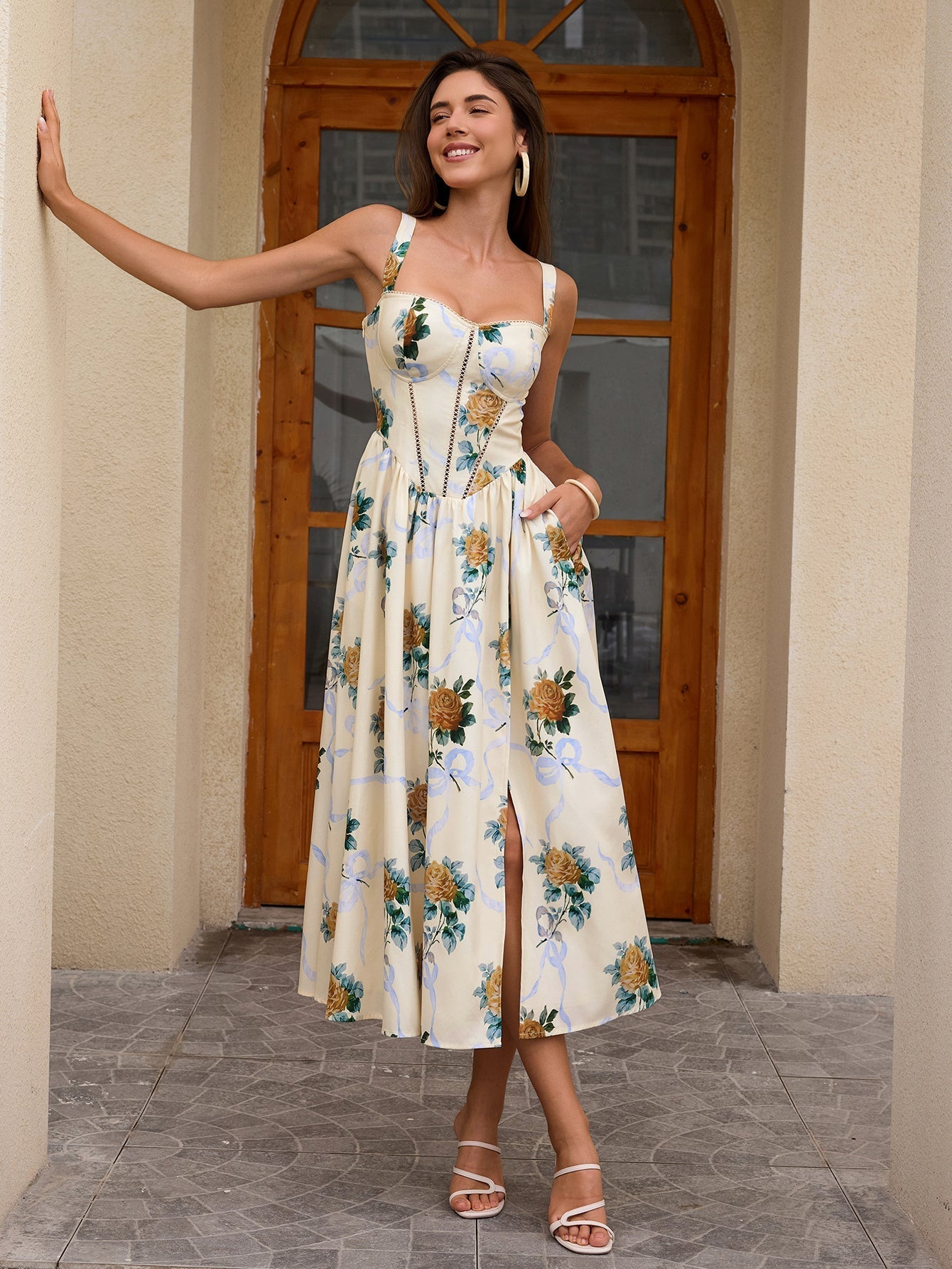 openwork split thigh pocket floral print dress#color_yellowflower