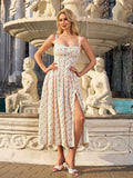 openwork pocket split thigh floral print dress#color_rose