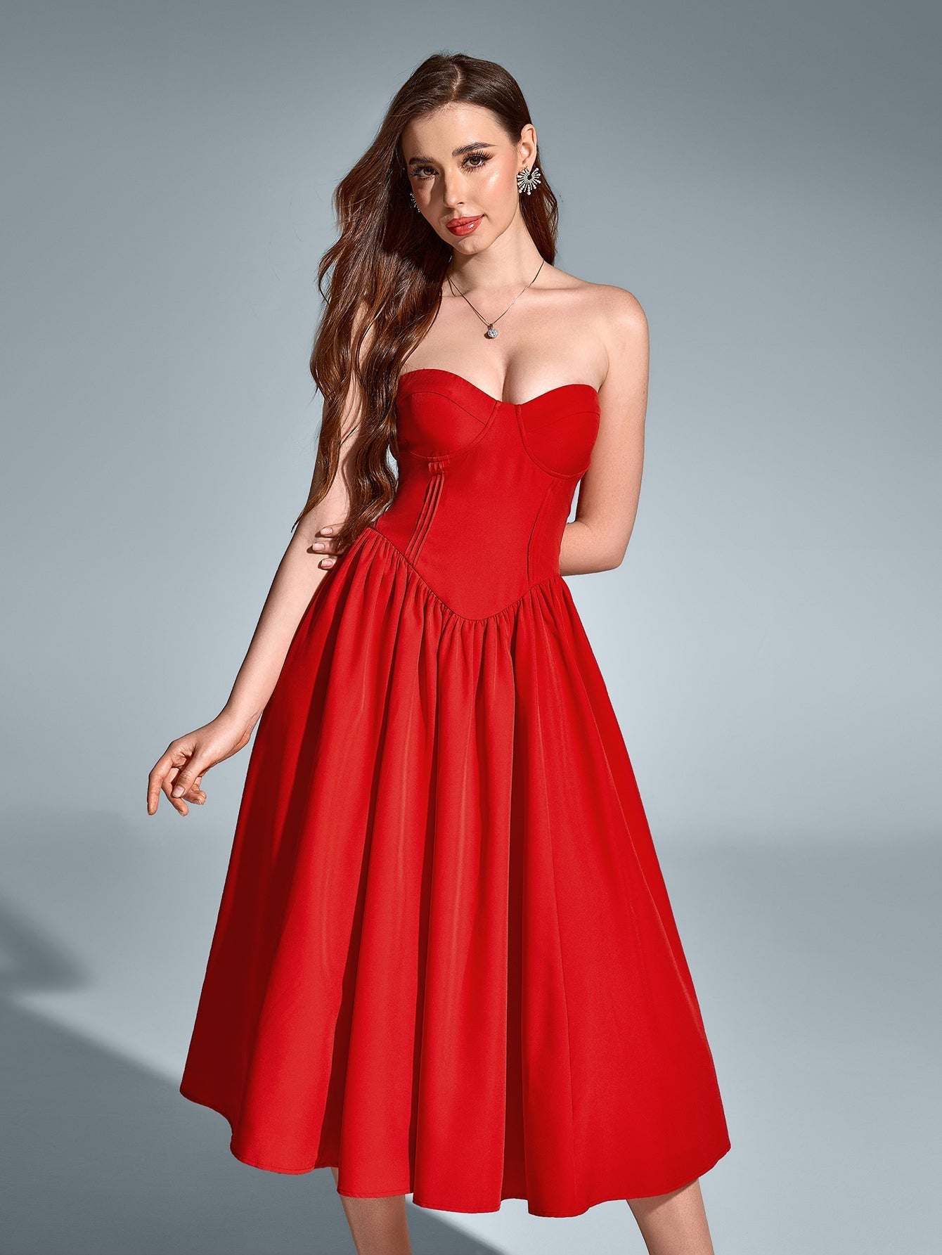 flared hem corset pleat midi dress#color_red