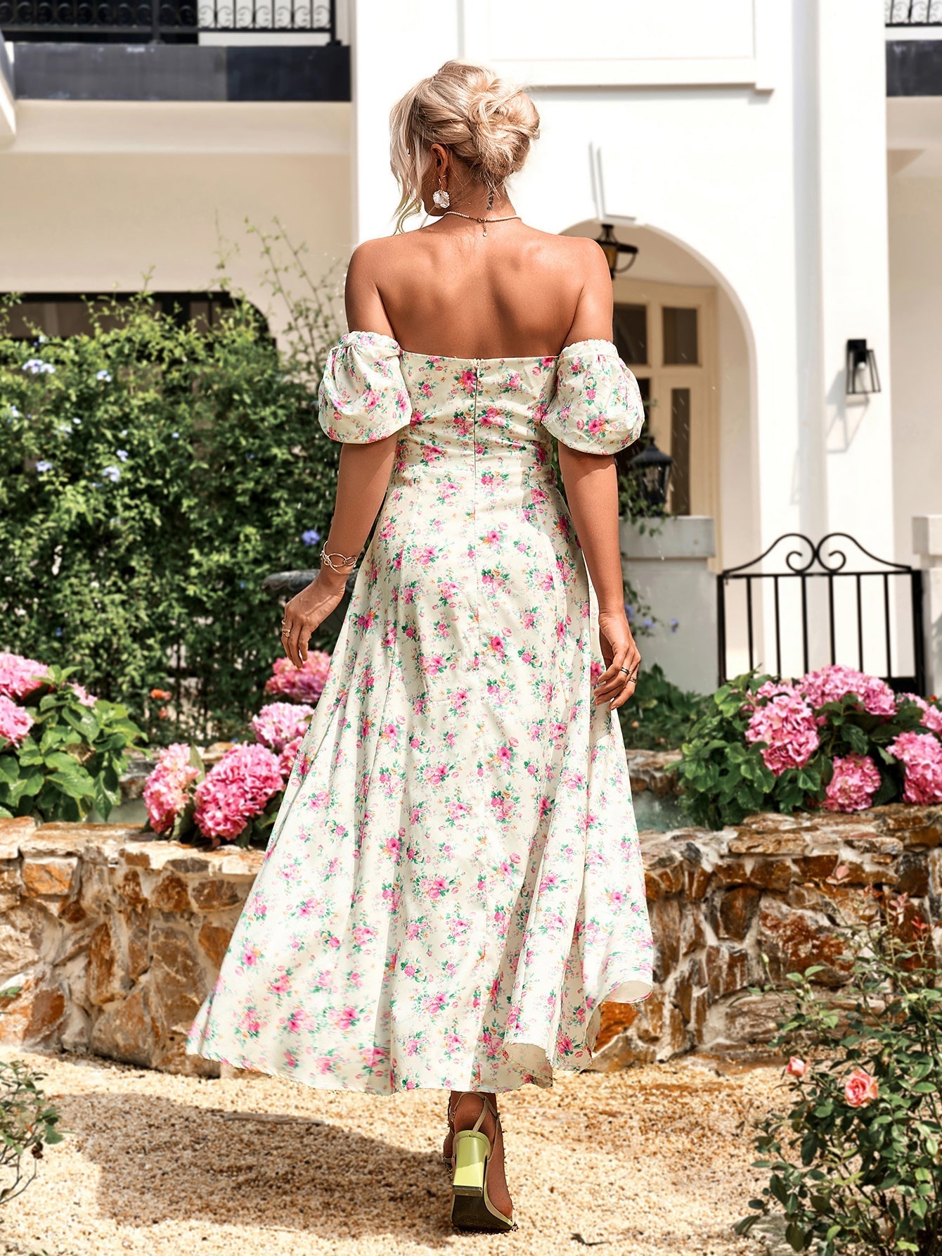 Floral print maxi dress with puff sleeves - View 44 | WEUXS