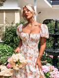 Floral print maxi dress with puff sleeves - View 36 | WEUXS