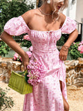 floral print high split puff sleeve dress#color_pink