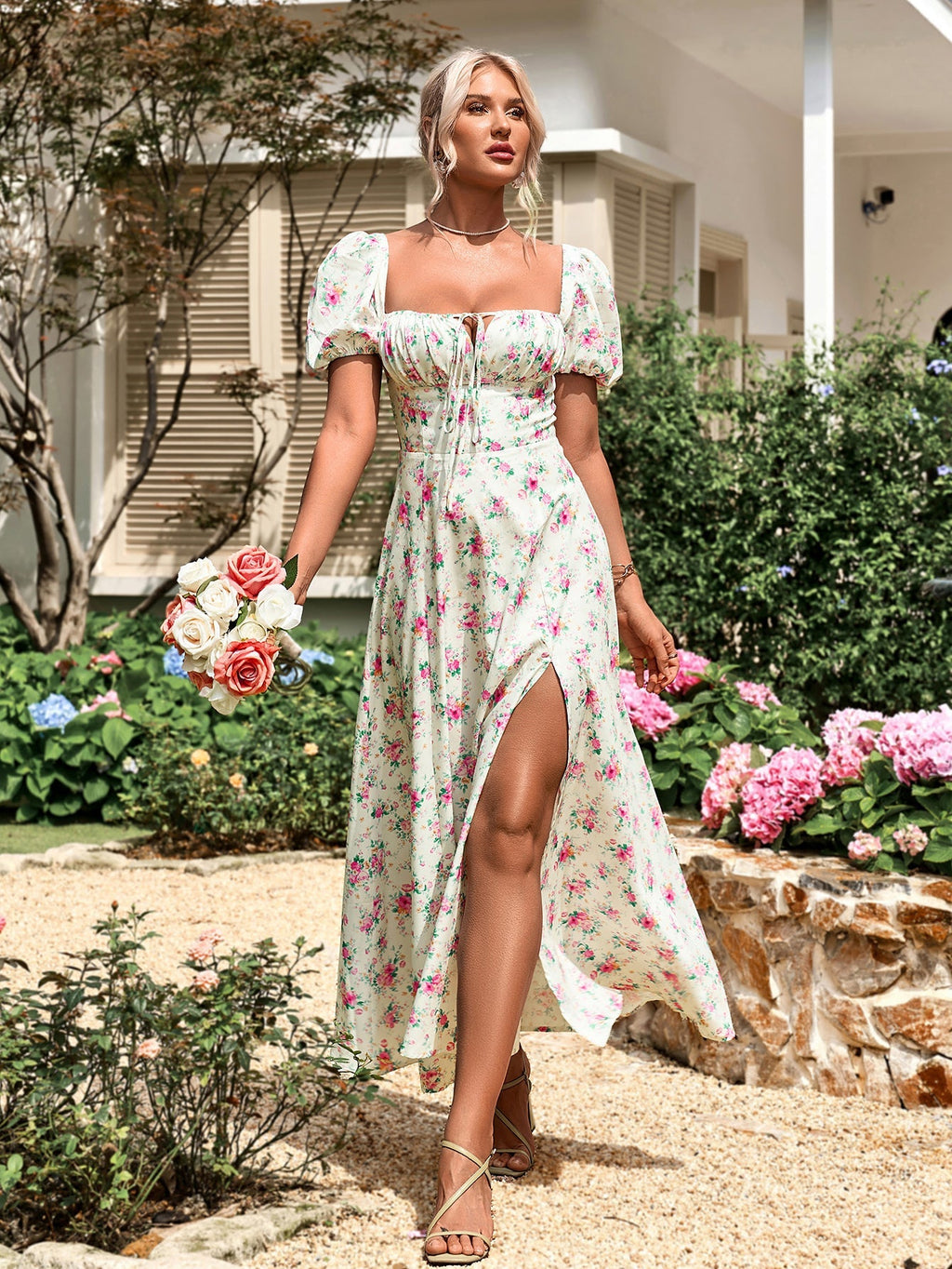 Floral print maxi dress with puff sleeves - View 47 | WEUXS