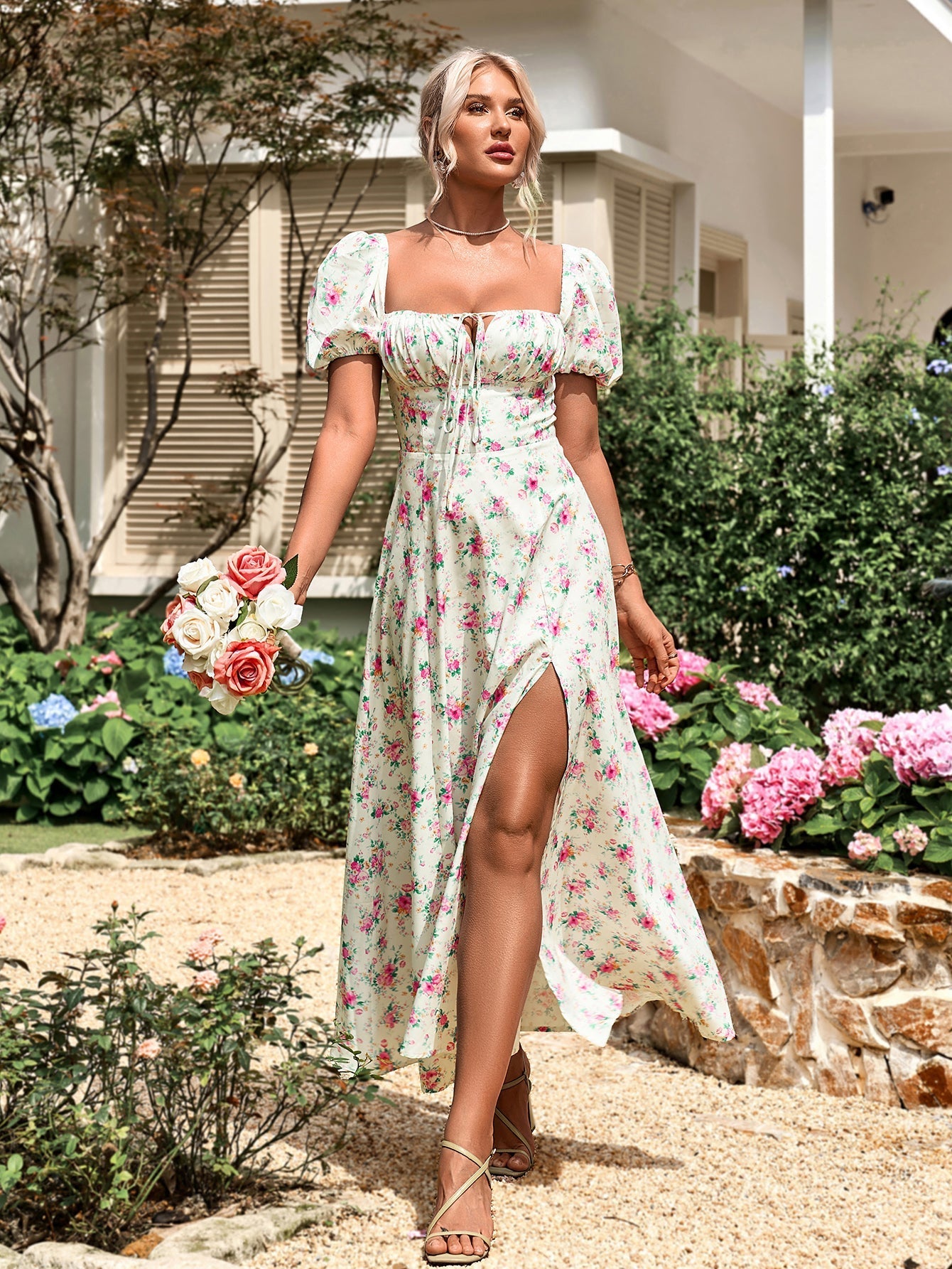 Floral print maxi dress with puff sleeves - View 47 | WEUXS
