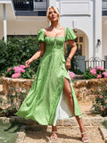 high split floral print puff sleeve dress#color_green