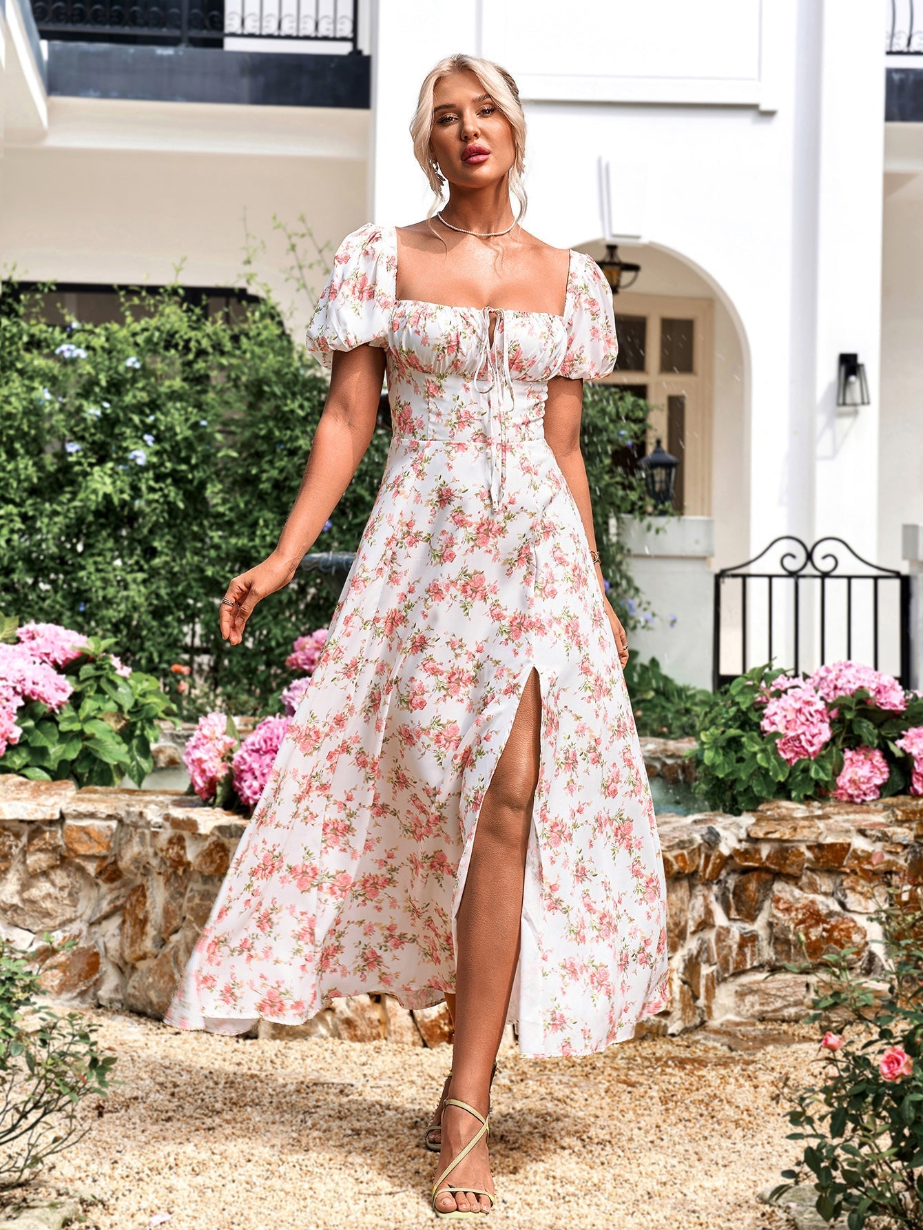 high split floral print puff sleeve dress#color_rose