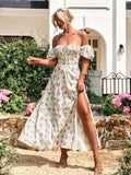 Floral print maxi dress with puff sleeves - View 46 | WEUXS