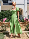puff sleeve floral print high split dress#color_green