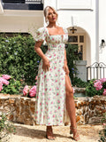 Floral print maxi dress with puff sleeves - View 45 | WEUXS