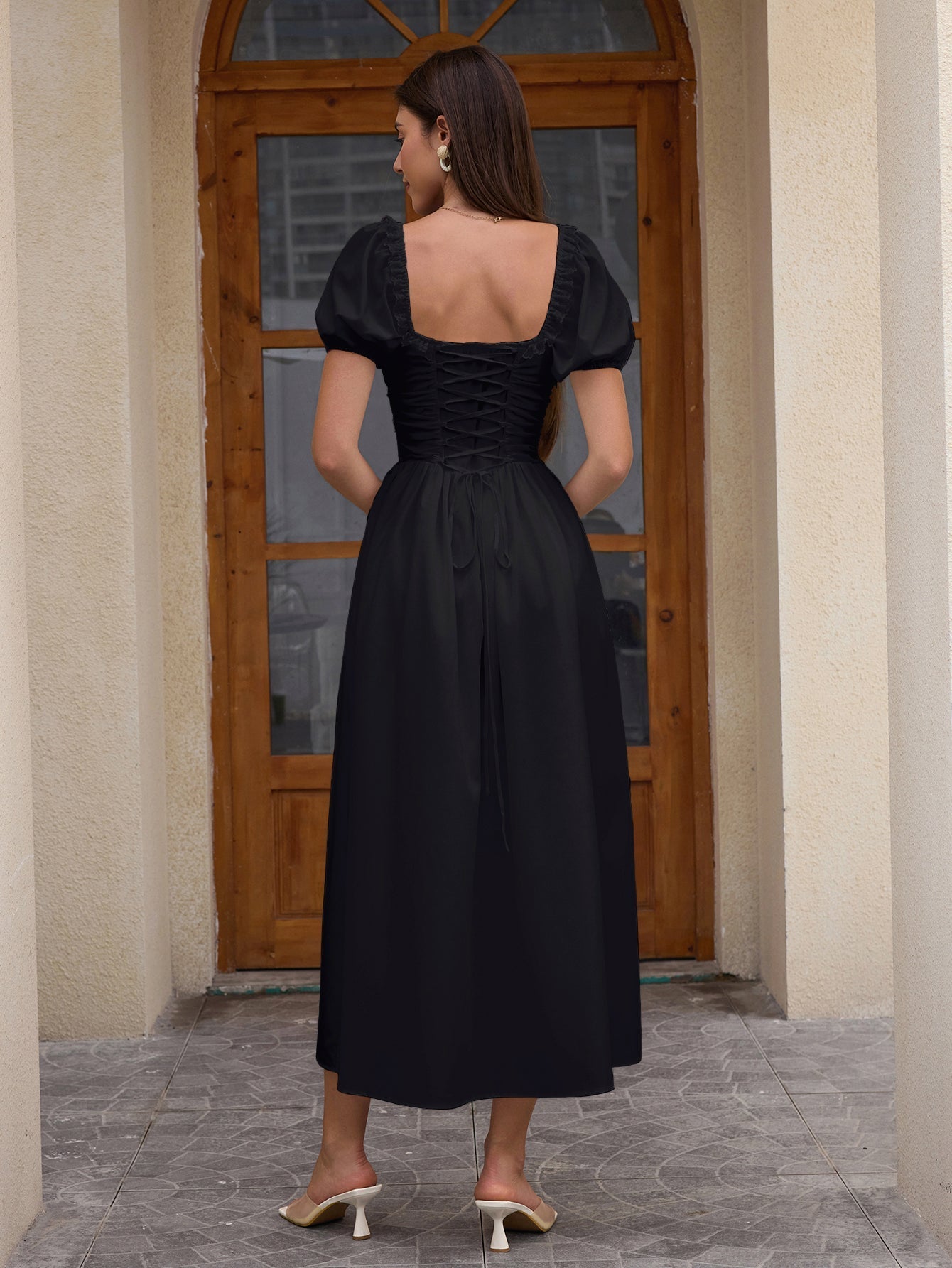 Midi dress with puff sleeves and lace trim - View 8 | WEUXS