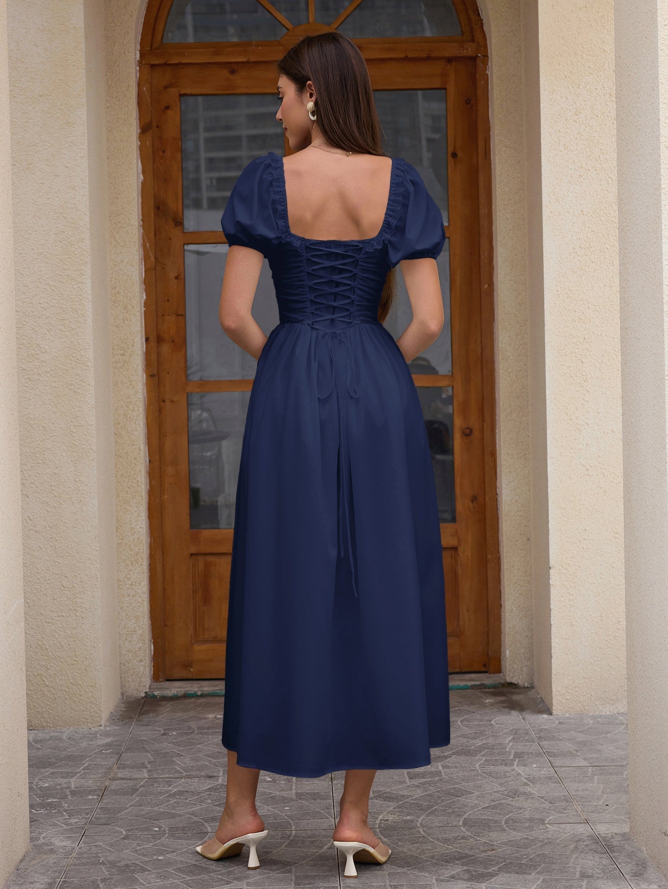 Midi dress with puff sleeves and lace trim - View 14 | WEUXS