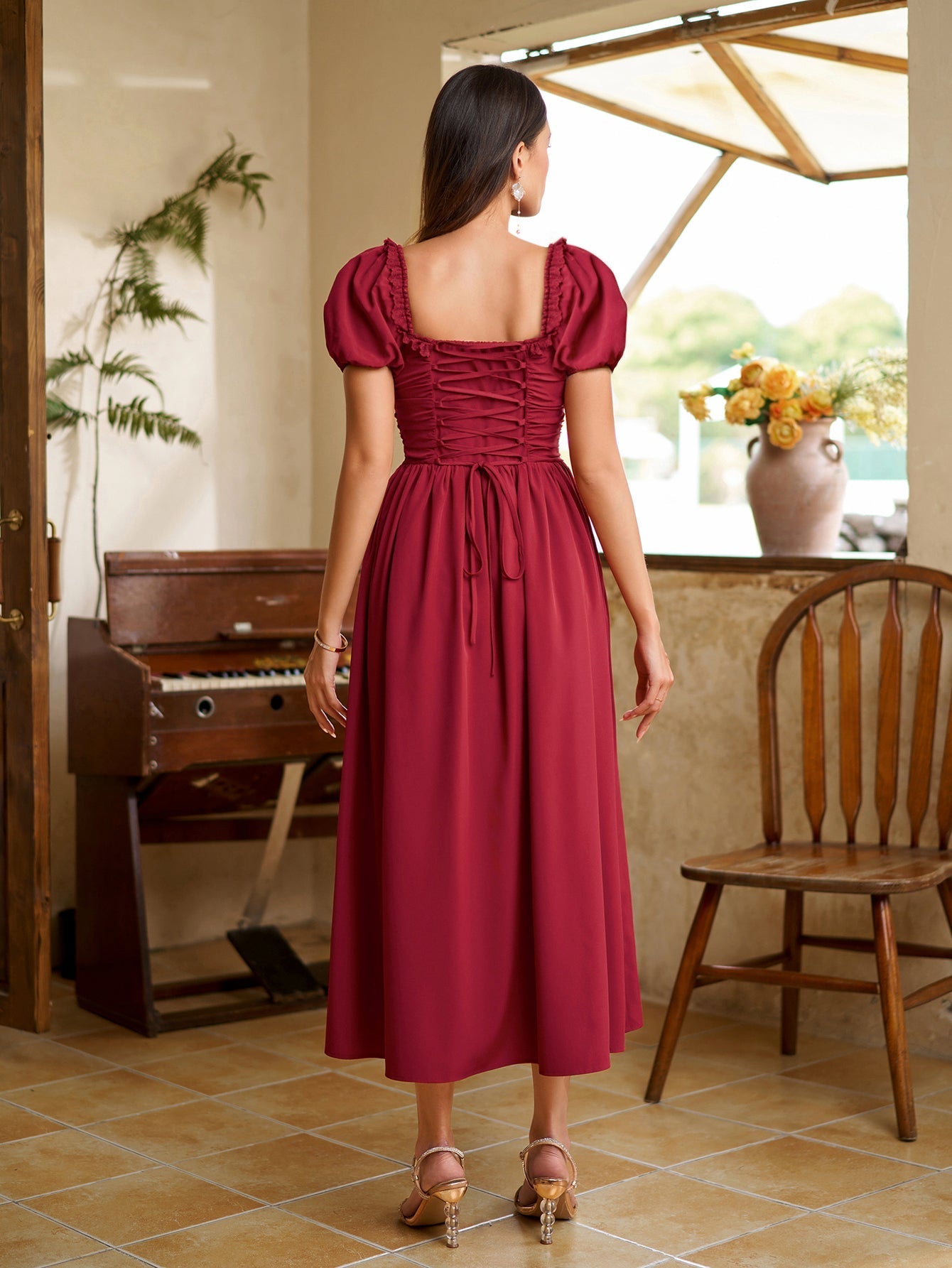 Midi dress with puff sleeves and lace trim - View 26 | WEUXS