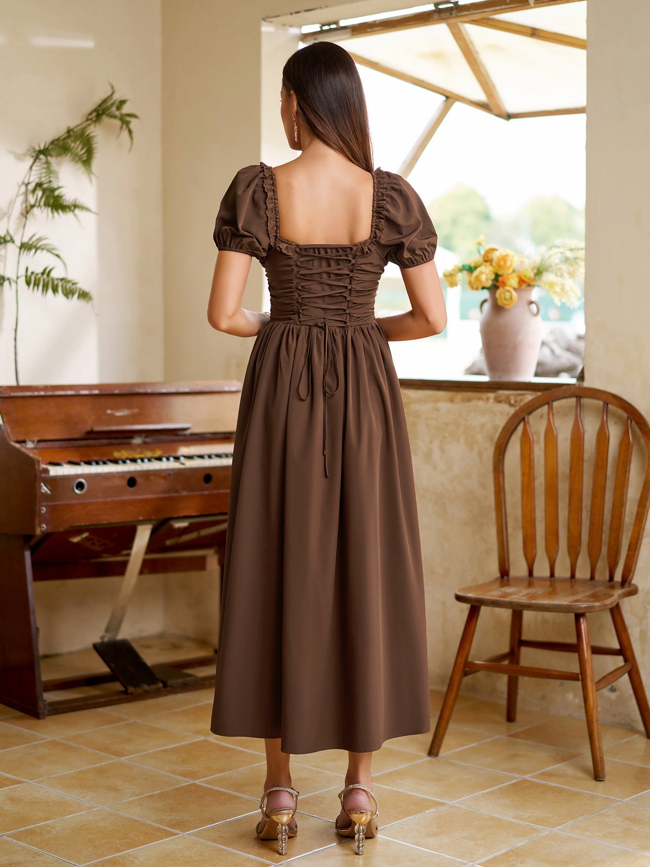 Midi dress with puff sleeves and lace trim - View 21 | WEUXS