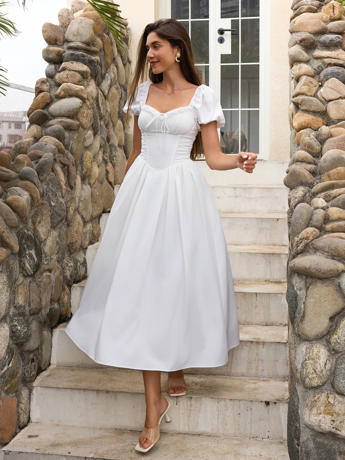 Midi dress with puff sleeves and lace trim - View 6 | WEUXS