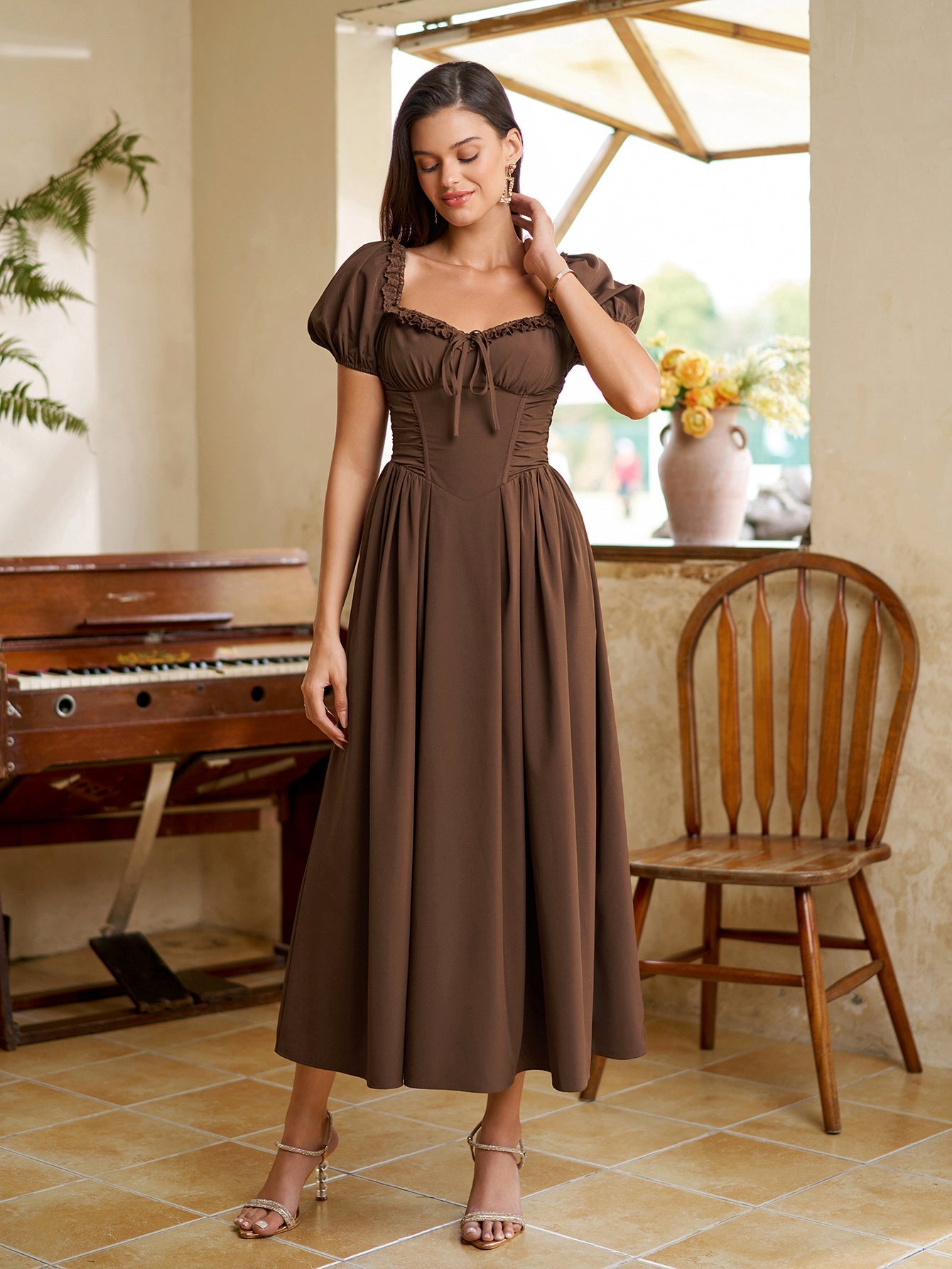 Midi dress with puff sleeves and lace trim - View 25 | WEUXS