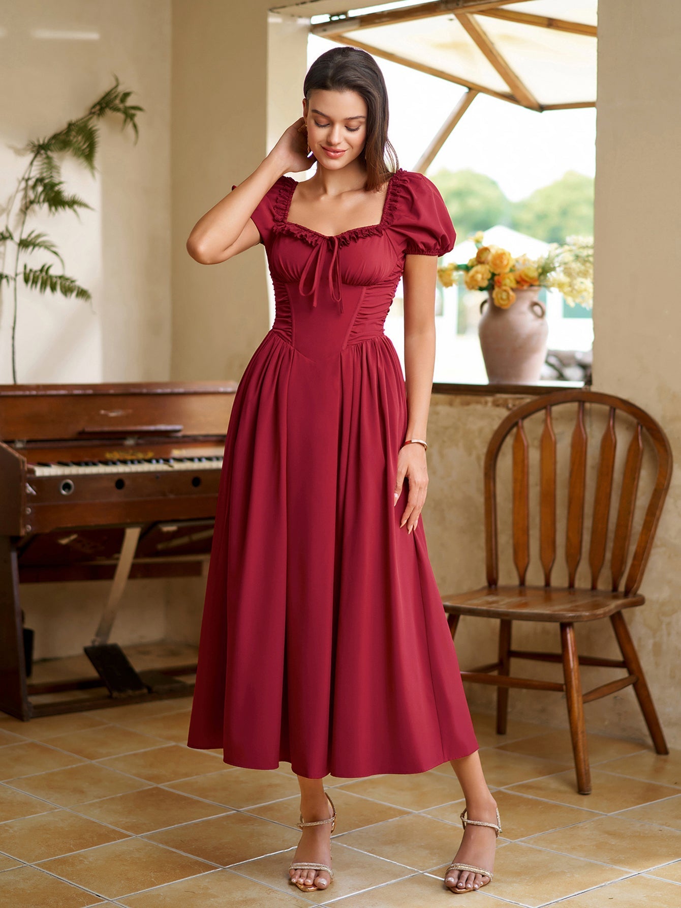 Midi dress with puff sleeves and lace trim - View 30 | WEUXS