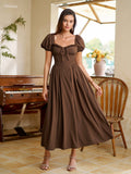 Midi dress with puff sleeves and lace trim - View 24 | WEUXS