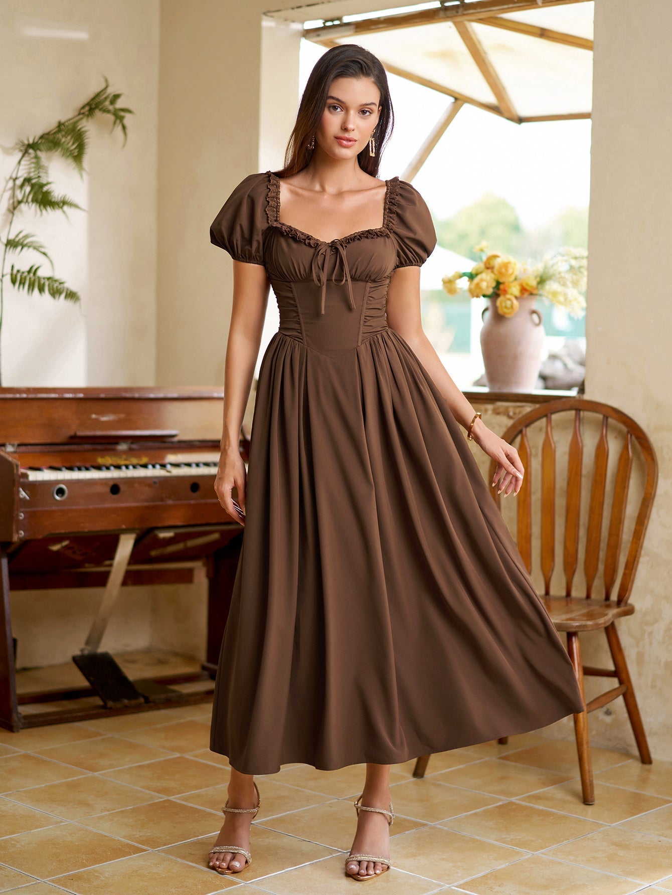 Midi dress with puff sleeves and lace trim - View 24 | WEUXS