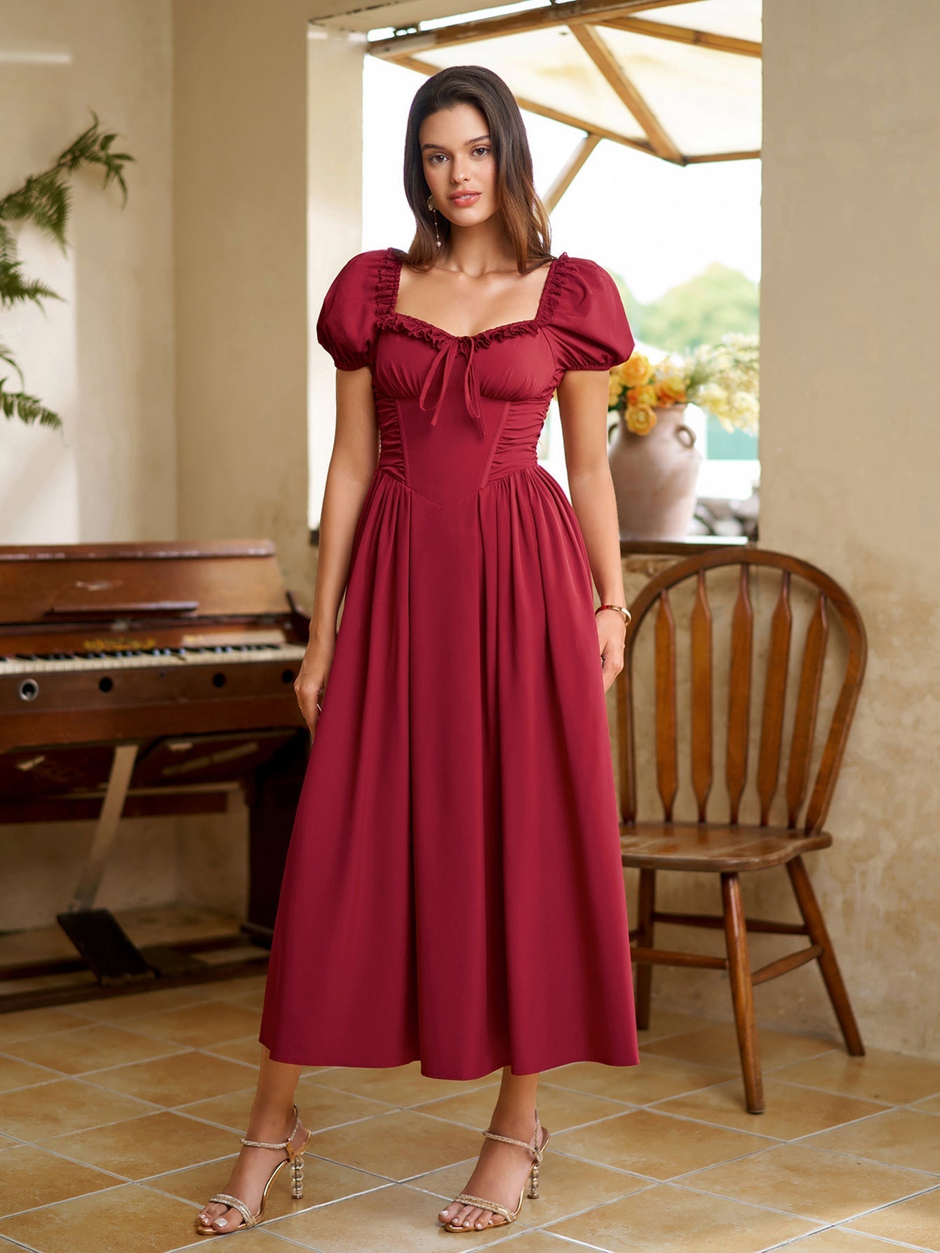 Midi dress with puff sleeves and lace trim - View 29 | WEUXS