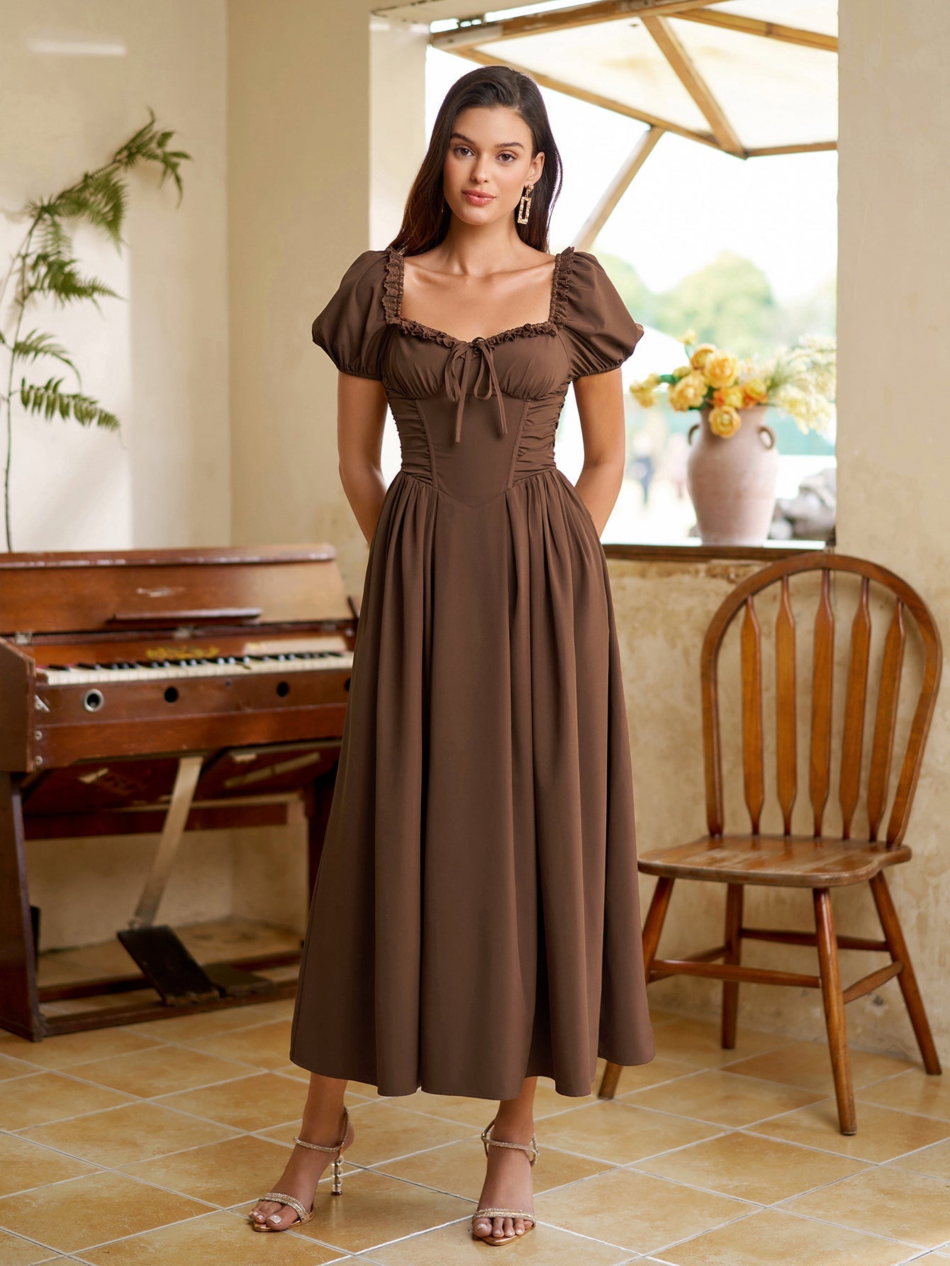 Midi dress with puff sleeves and lace trim - View 19 | WEUXS