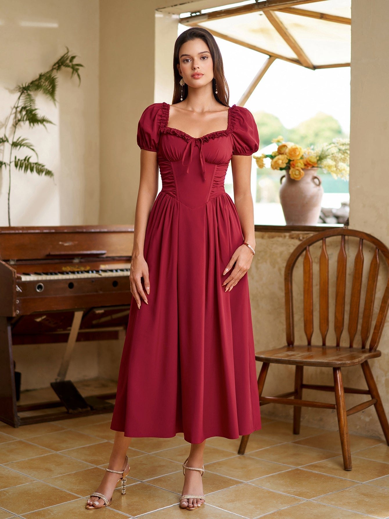 Midi dress with puff sleeves and lace trim - View 20 | WEUXS