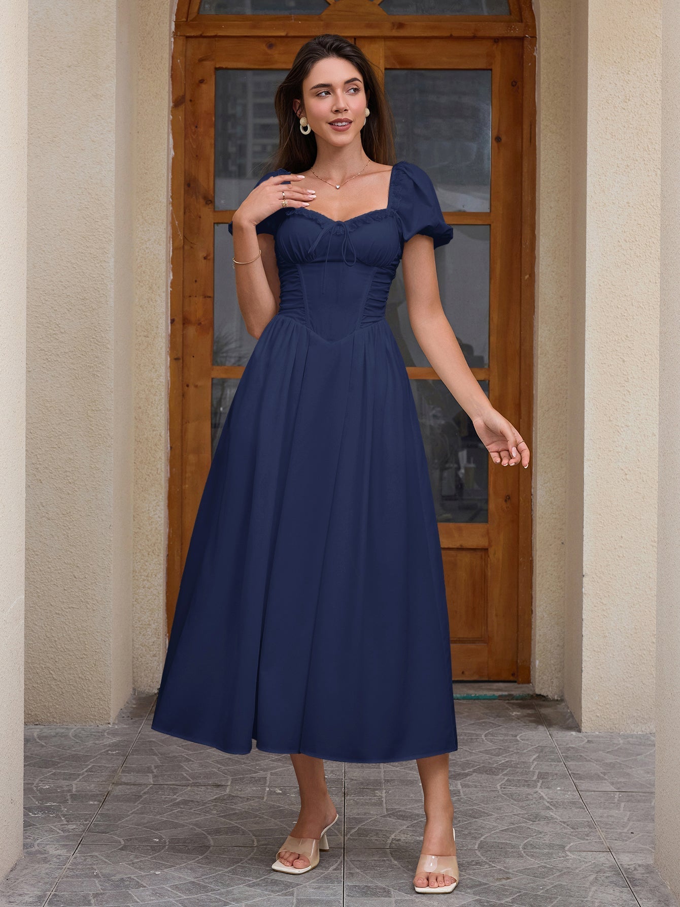 Midi dress with puff sleeves and lace trim - View 13 | WEUXS