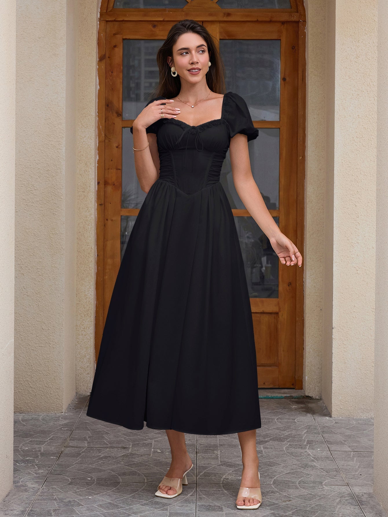 Midi dress with puff sleeves and lace trim - View 7 | WEUXS