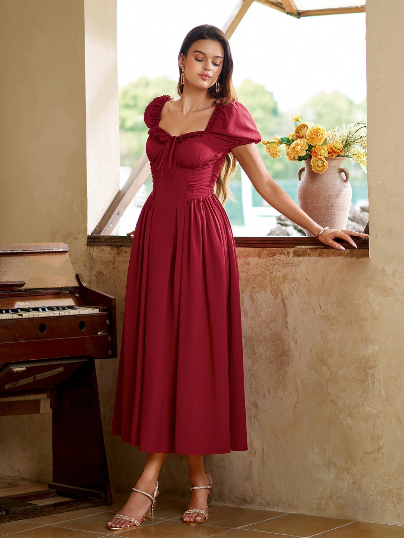 Midi dress with puff sleeves and lace trim - View 28 | WEUXS