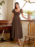 Midi dress with puff sleeves and lace trim - View 23 | WEUXS