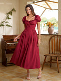 Midi dress with puff sleeves and lace trim - View 27 | WEUXS
