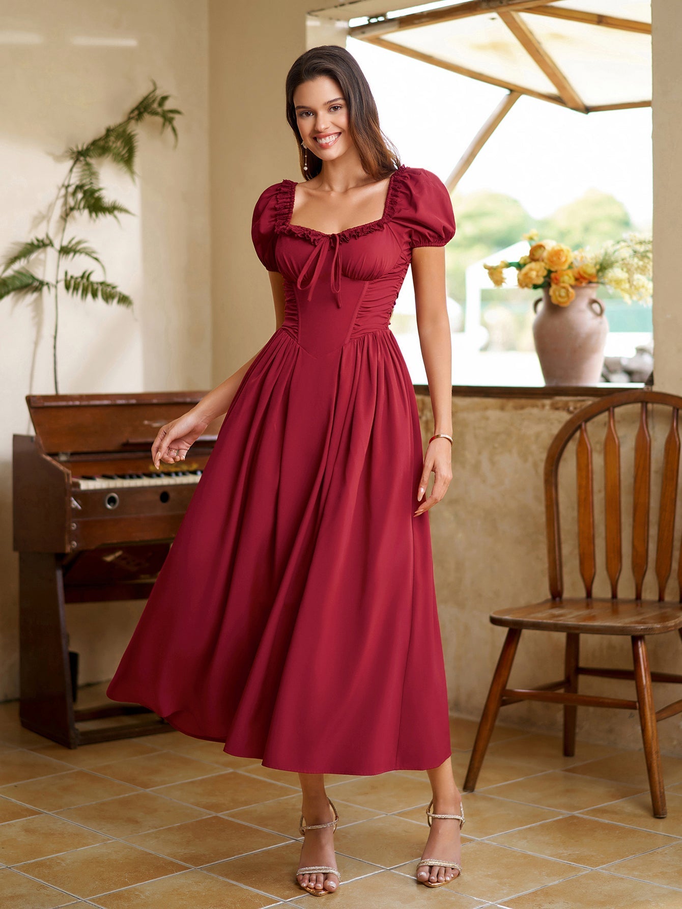 Midi dress with puff sleeves and lace trim - View 27 | WEUXS