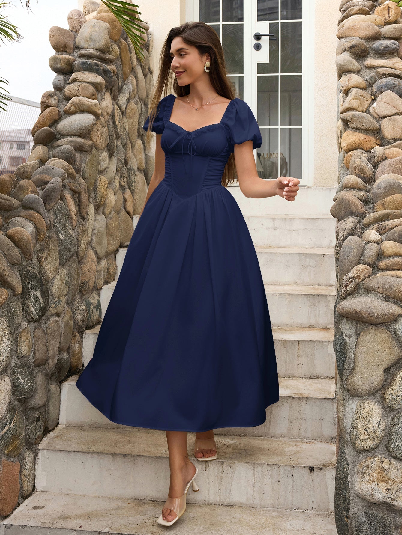 Midi dress with puff sleeves and lace trim - View 15 | WEUXS