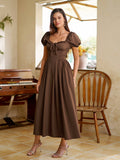 Midi dress with puff sleeves and lace trim - View 22 | WEUXS