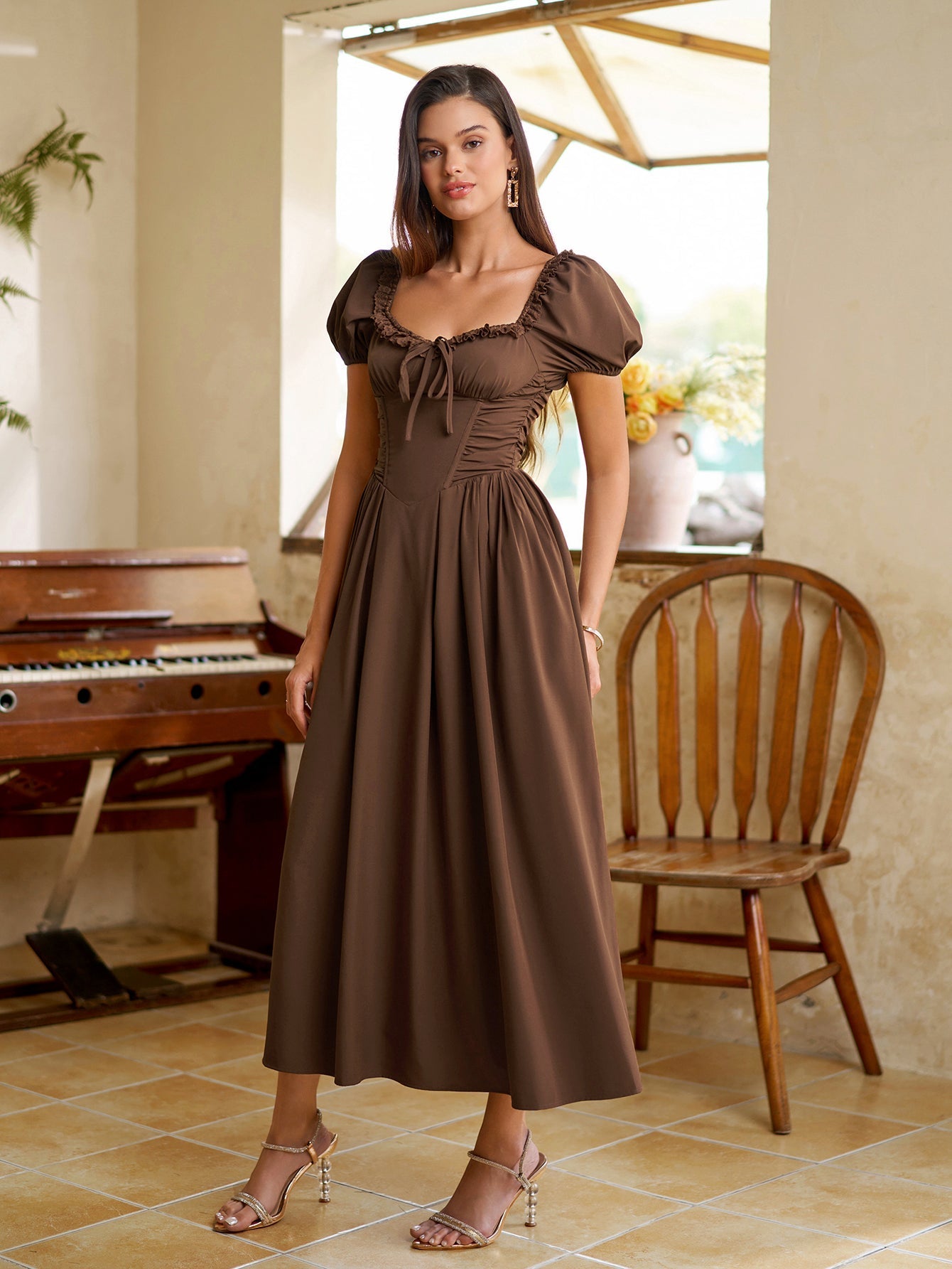 Midi dress with puff sleeves and lace trim - View 22 | WEUXS