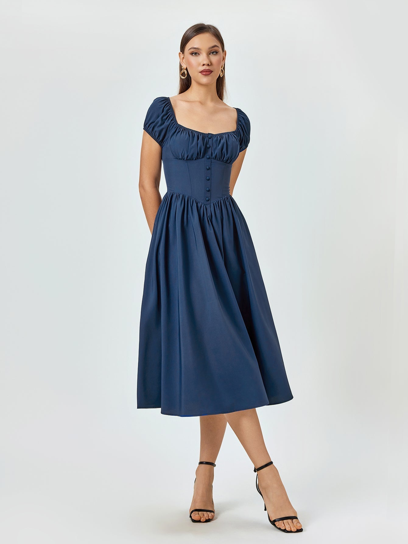 Puff Sleeve Button Midi Dress - View 17 | WEUXS