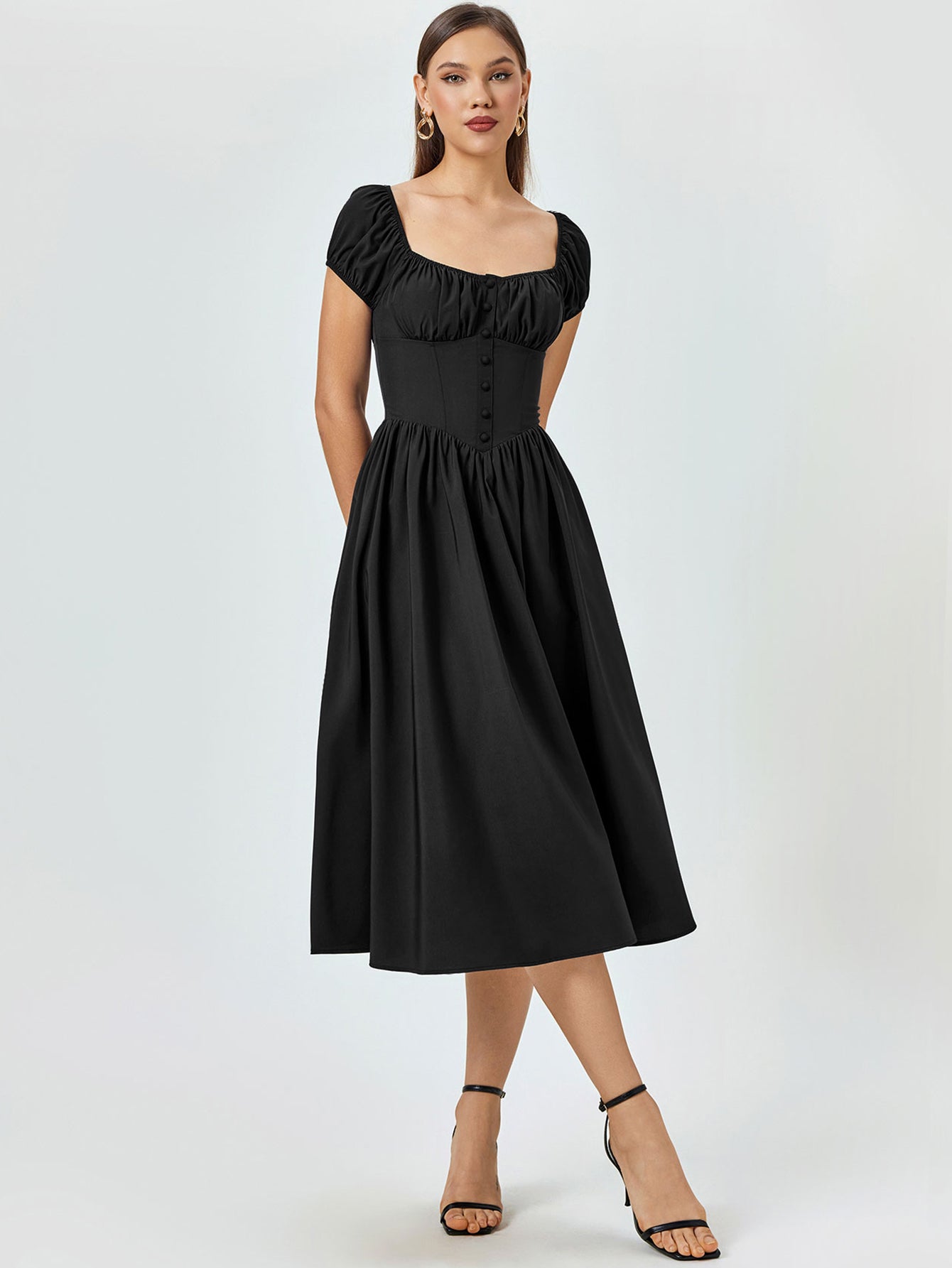 Puff Sleeve Button Midi Dress - View 23 | WEUXS