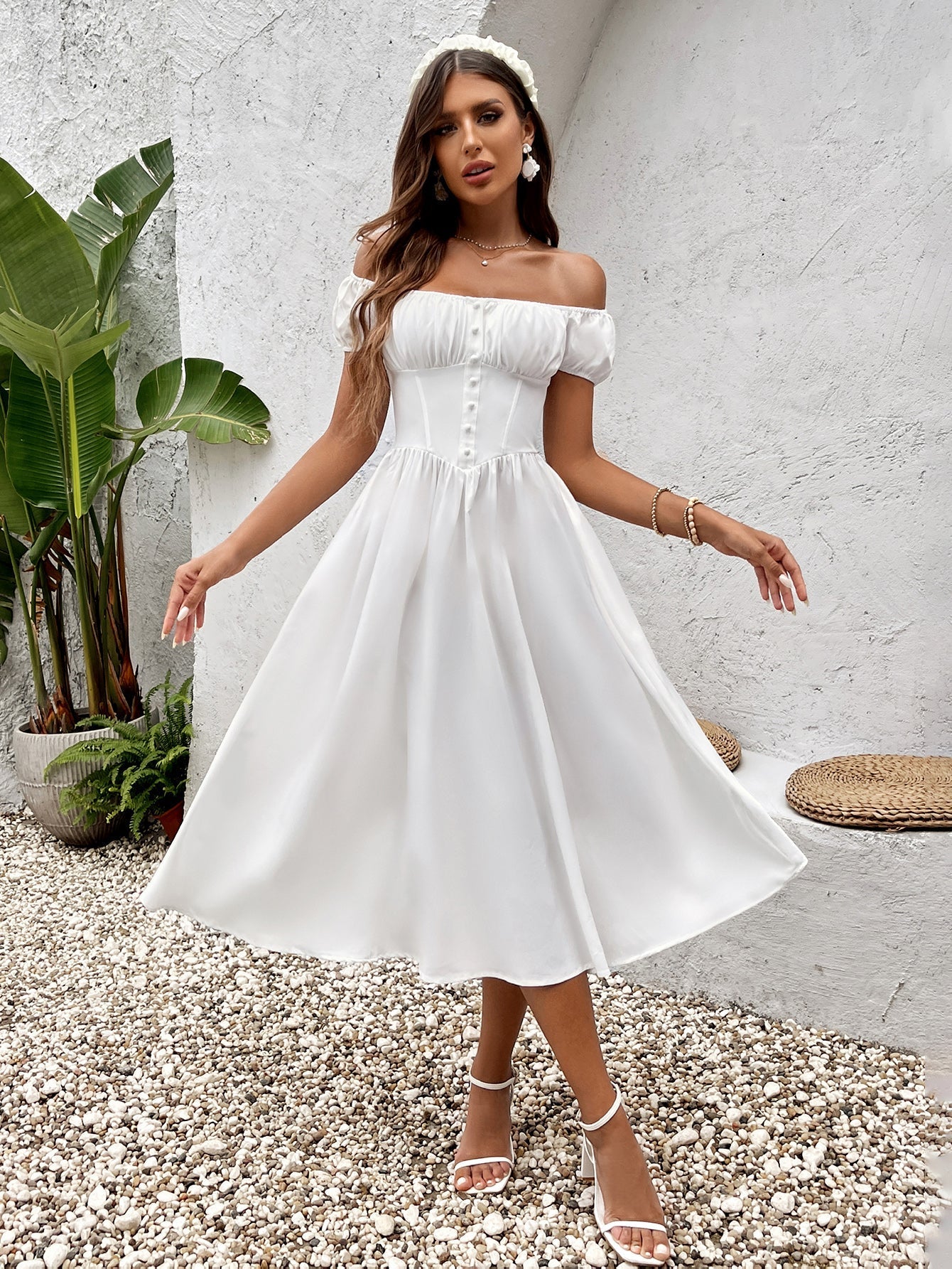 Puff Sleeve Button Midi Dress - View 9 | WEUXS