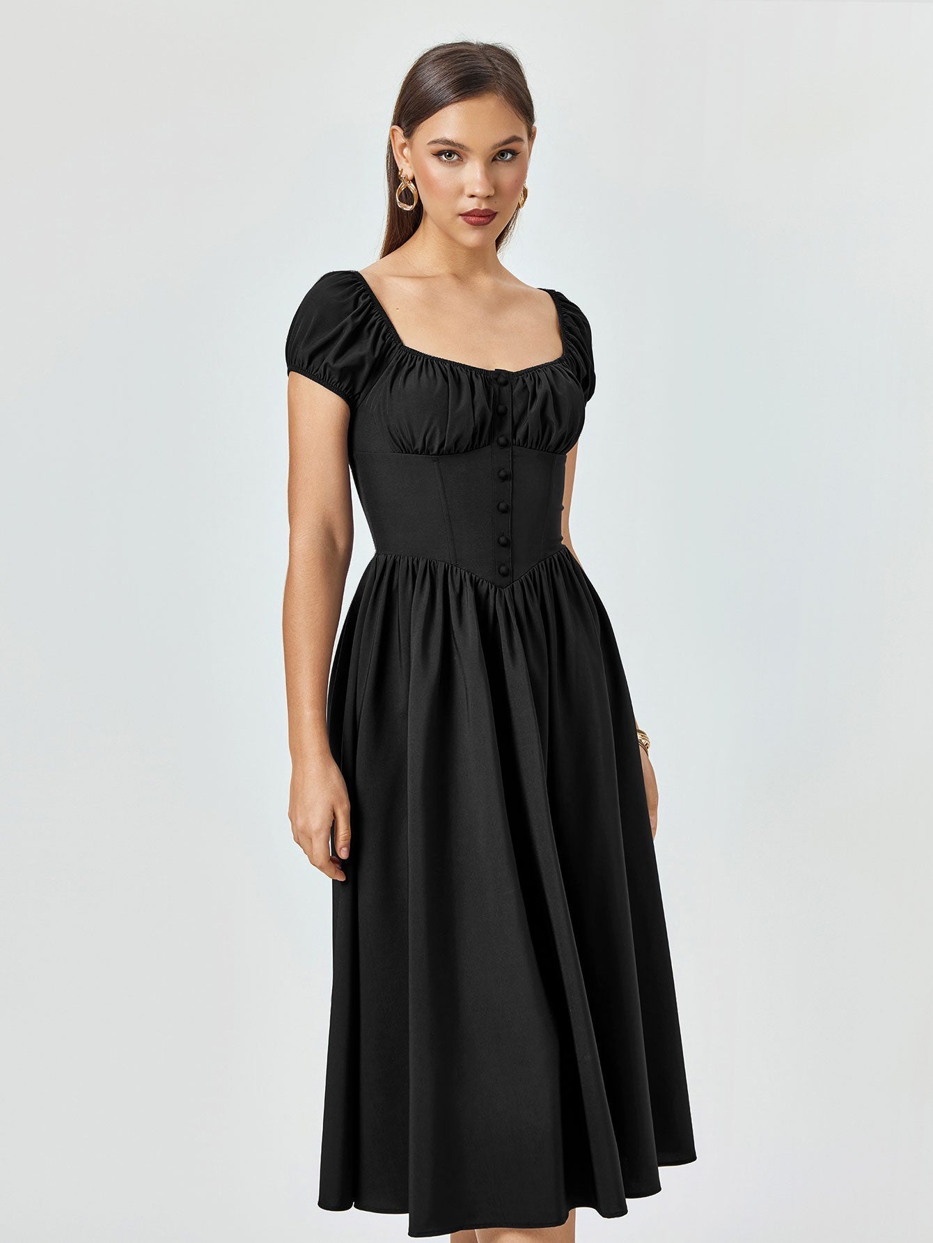 Puff Sleeve Button Midi Dress - View 21 | WEUXS