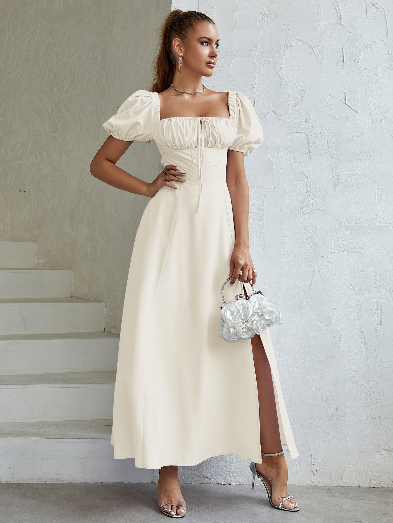 Puff Sleeve Square Neck Maxi Dress - View 57 | WEUXS