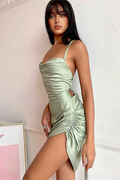 Ruched Backless Satin Mini Dress - Dress In Beauty