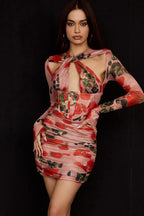 Rose print twist neck mini dress - View 7 | WEUXS
