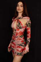 Rose print twist neck mini dress - View 10 | WEUXS