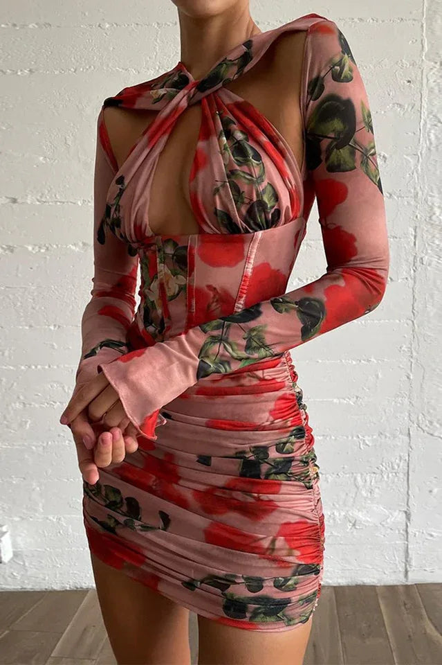 Rose print twist neck mini dress - View 12 | WEUXS
